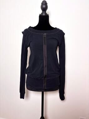 Vtg Y2K Cop Copine Black Contrast Stitch Zip Front Long Sleeve Branded Top